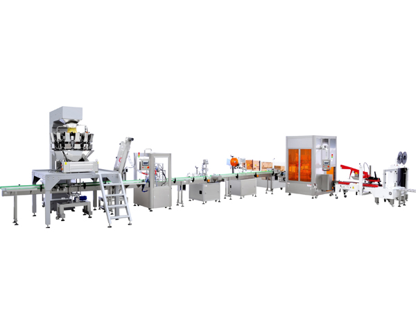 薯片稱重灌裝旋蓋貼標(biāo)裝箱線